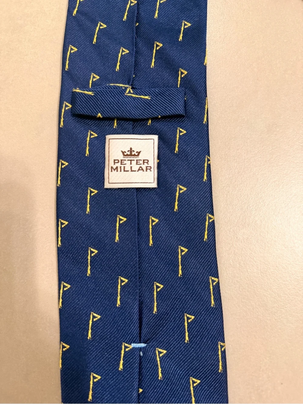 PETER MILLAR Men's Neck Tie 100% Silk Blue Golf Flag Good condition